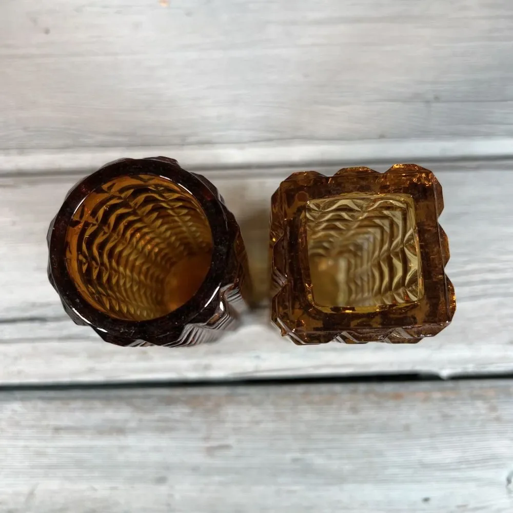 Vintage Mid Century Amber Glass Vases Pair Brutalist Geometric Textured MCM 70s